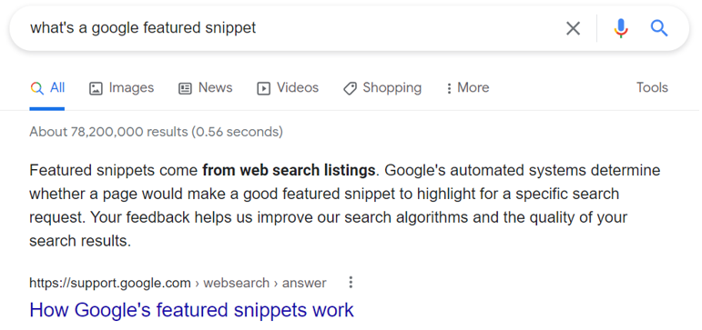 A screen shot of the search results for "what is a google featured snippet."