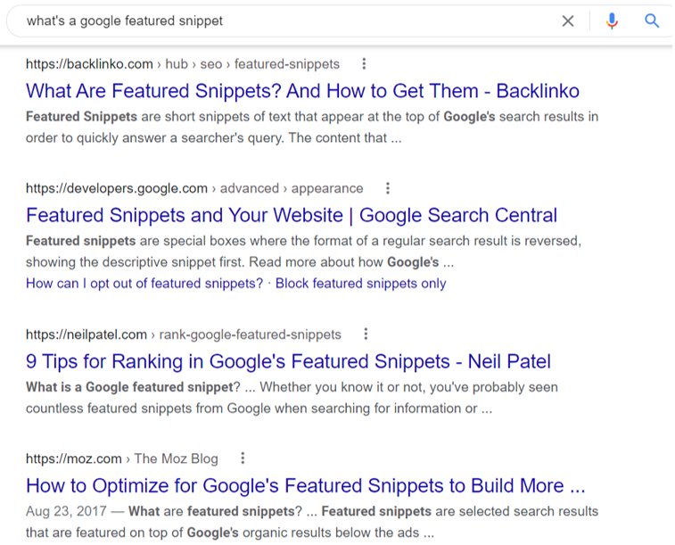 A screen shot of the bottom of the first page of the search results for "what is a google featured snippet?"