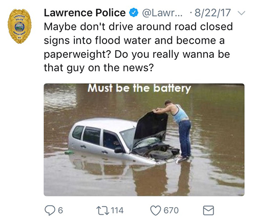 Lawrence Kansas PD Tweet about Flooded Car