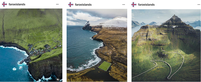 Three dramatic images of the Faroe Islands that show rocky coastline, high cliffs, and rich greenery.