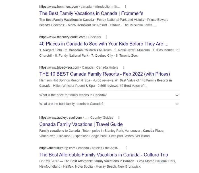 A search results page from google showing cool family vacations in Canada.