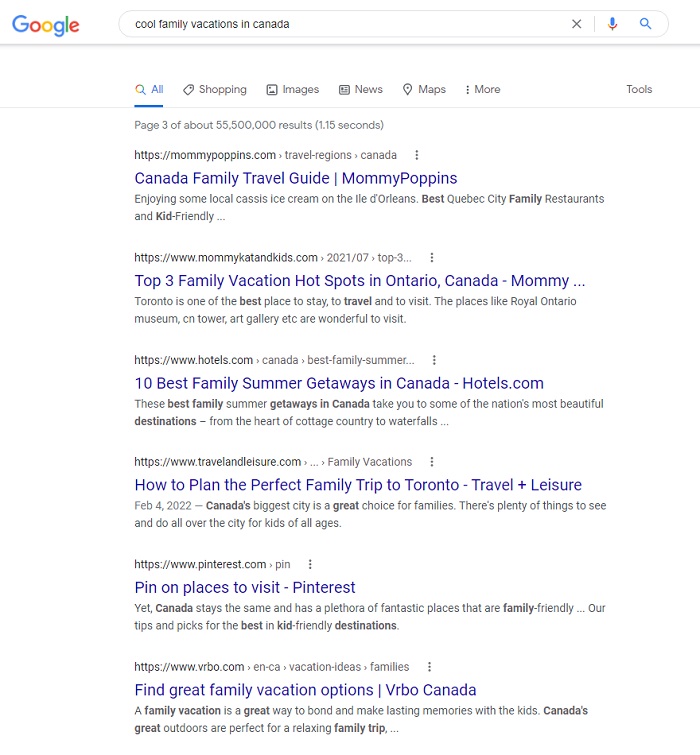 A page of search results from google showing cool family vacations in Canada.