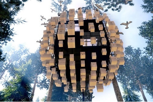 A photo of a hotel room suspended in the air from a tree, adorned with 340 birdhouses on the outside is a newsworthy tourism animal experience available at The Biosphere at Treehotel in Sweden.