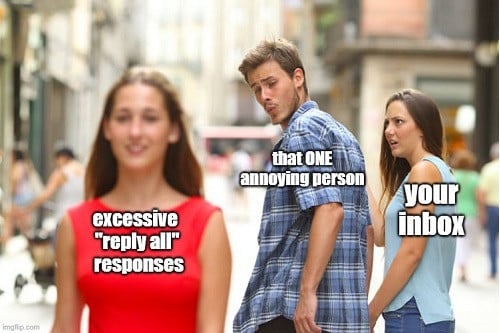 A meme poking fun at excessive "reply all" responses, as a lesson in how to save time with the proper use of the email cc.