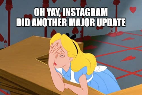 A blond woman in a blue dress holds her head in frustration over the latest social media app overhauls.