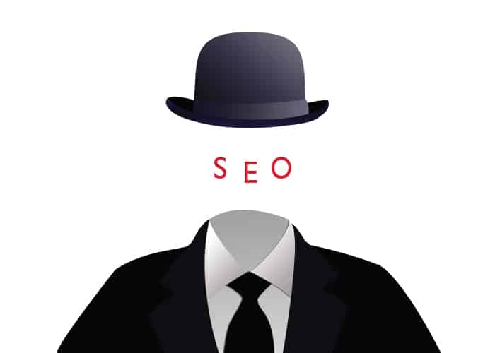 A black business suit and black bowler hat indicates where an invisible man stands, with the letters SEO where the face should be, as a reflection of why you should care deeply about SEO.