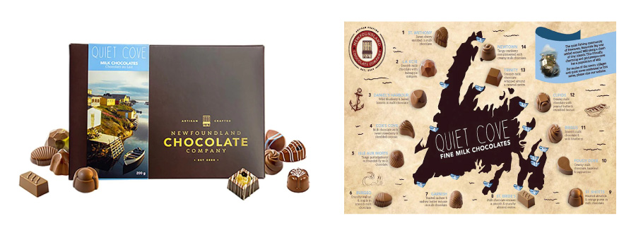 The left photo shows the exterior of a box of chocolates called the Quiet Cove Collection, and the right image shows a map of Newfoundland with a picture of each chocolate in the box aligned with a quiet cove along the island's shoreline.