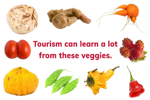 A variety of colorful fruits and vegetables sit on a white background, with each item being slightly deformed, like a twisted carrot, a strawberry with four prongs, and a tomato that looks like two tomatoes smashed together. The copy reads: Tourism can learn a lot from these veggies.