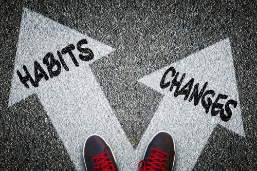 Feet clad in red shoes stand on arrows going in two different directions - one arrow says "habits" and the other says "changes."